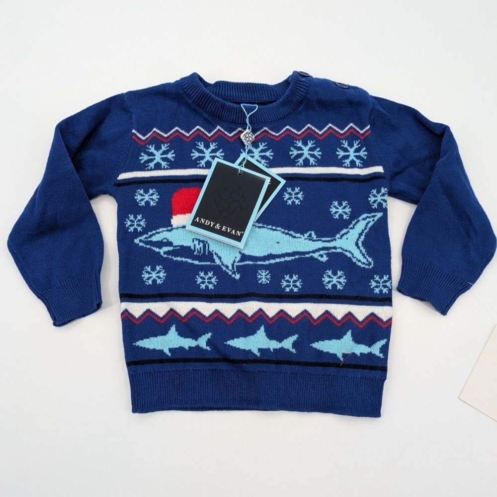 ANDY & EVAN Shark Jacquard Holiday Sweater Blue Baby‎ Boy's 12/18 Months Holiday